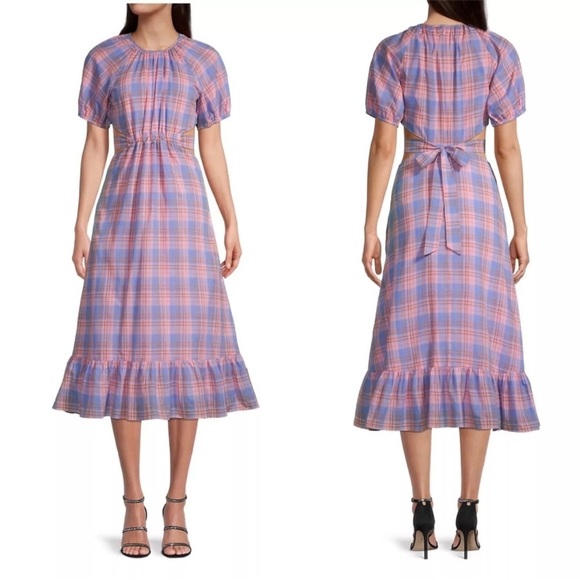 LIKELY Women’s Payson Side Cutout Plaid Midi Dress SZ 0 Lilac Sachet Milkmaid - Picture 1 of 16